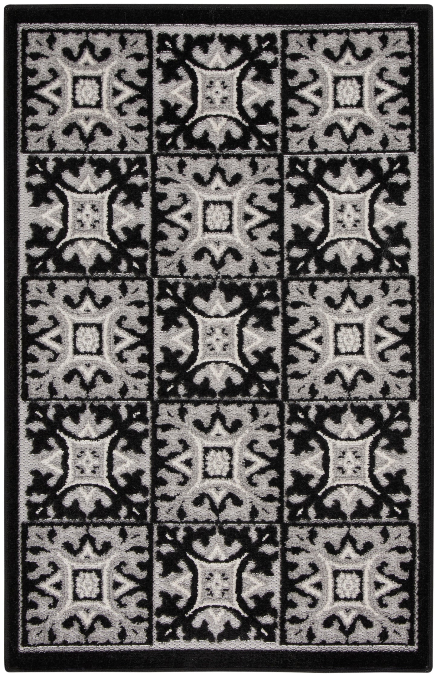 Black and gray patterned rug with a grid of ornate square tiles and a solid border.