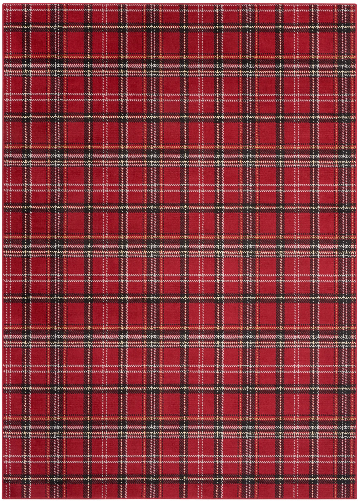Red plaid tartan woven fabric with black, white, & yellow lines; versatile textile for clothing & decor.
