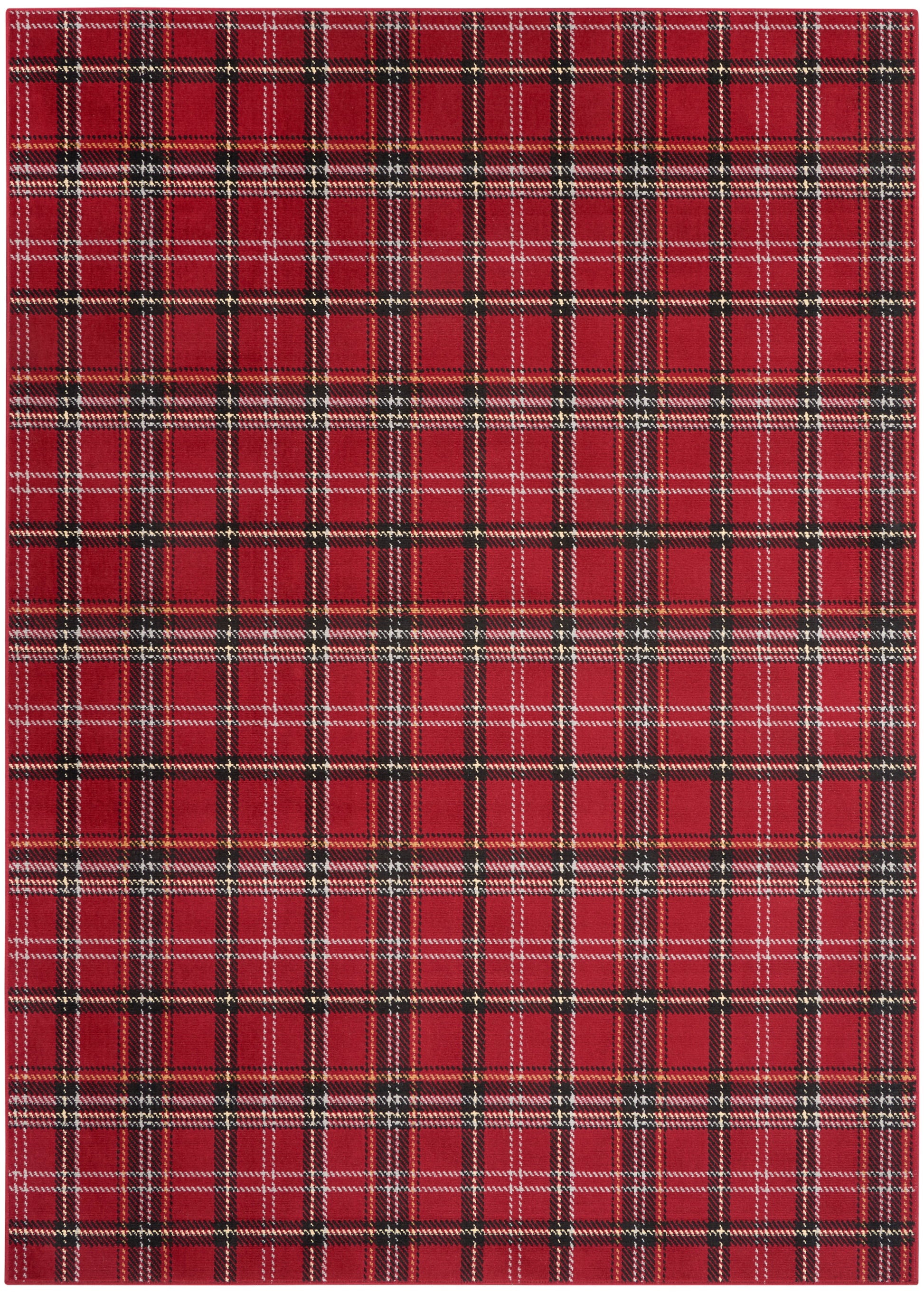 Red plaid tartan woven fabric with black, white, & yellow lines; versatile textile for clothing & decor.