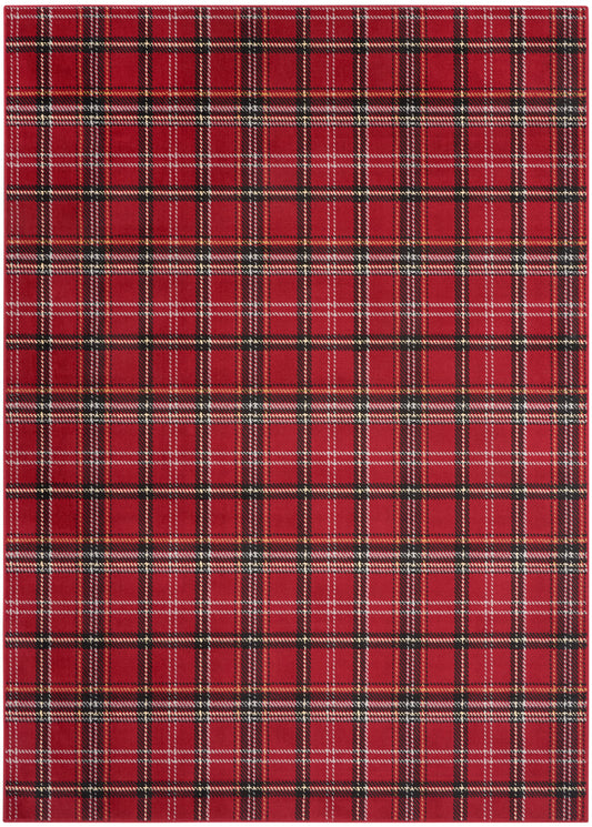 Red plaid tartan woven fabric with black, white, & yellow lines; versatile textile for clothing & decor.
