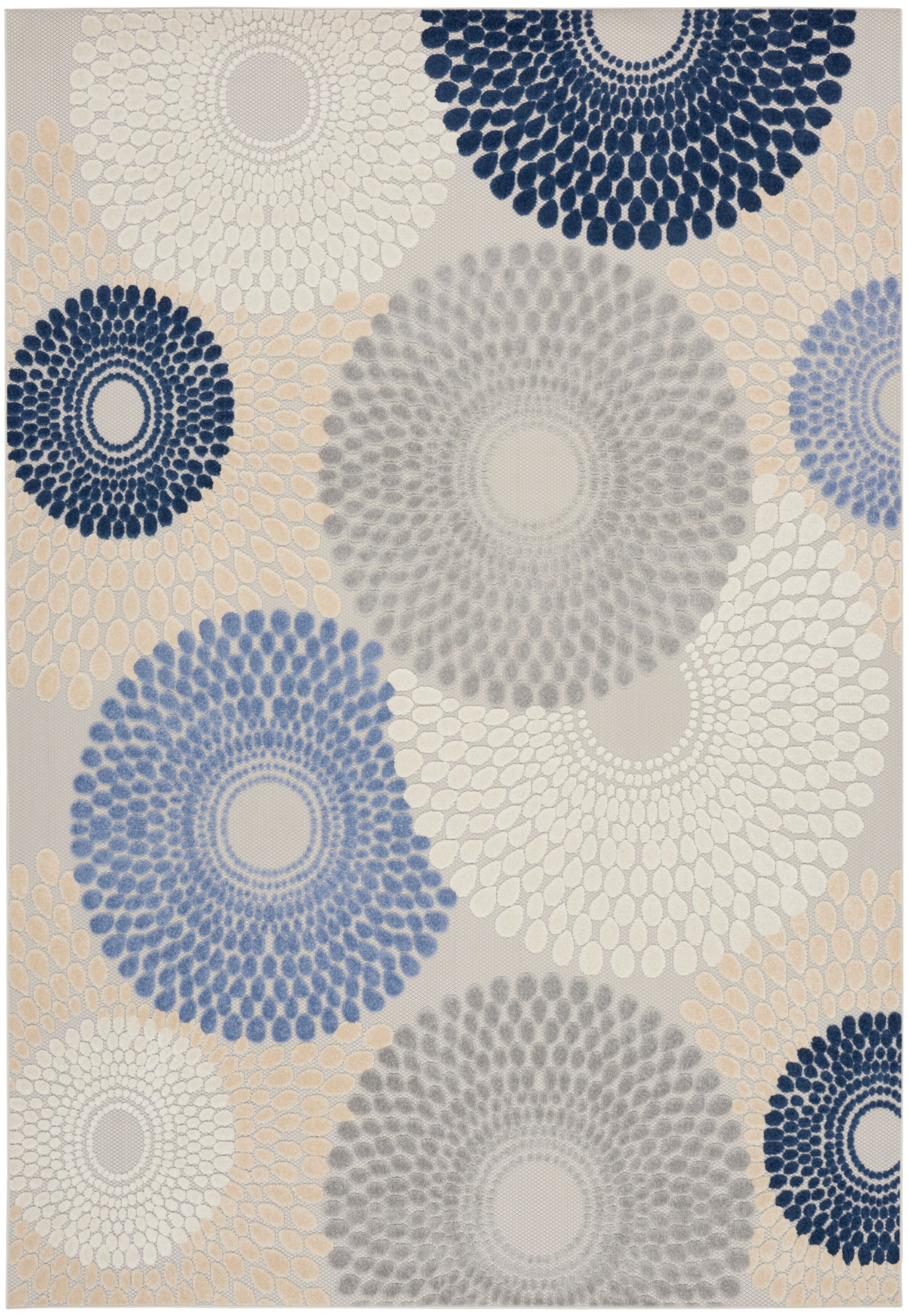 Area rug with large circular dotted mandalas in navy, gray, beige on a light background; modern geometric design.