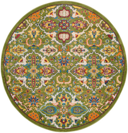 Round oriental rug with olive-green field and bright multicolor floral pattern; leafy green border.