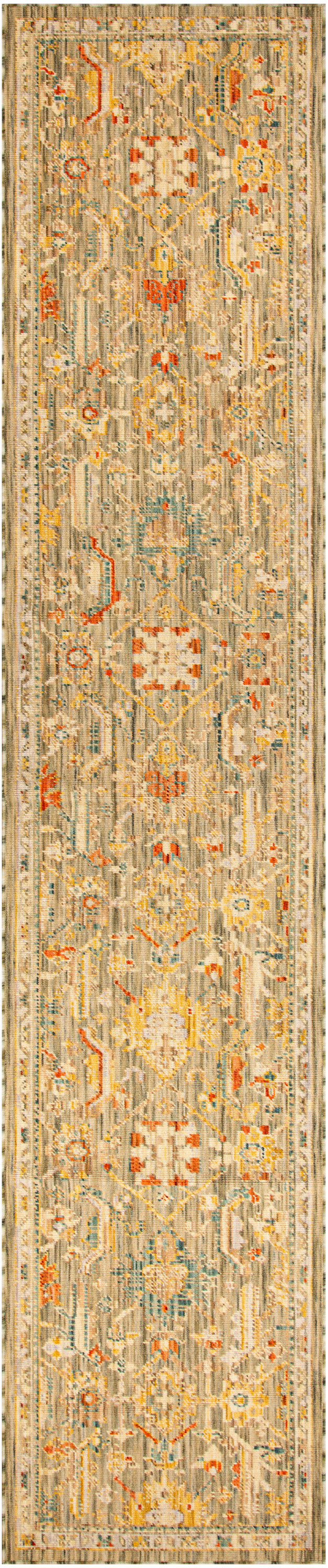 Ornate oriental-style runner rug, beige ivory with orange, blue & red floral motifs and a golden trim.