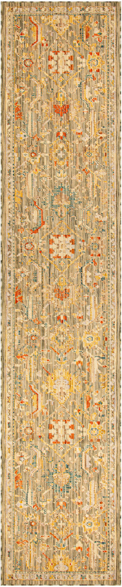 Ornate oriental-style runner rug, beige ivory with orange, blue & red floral motifs and a golden trim.