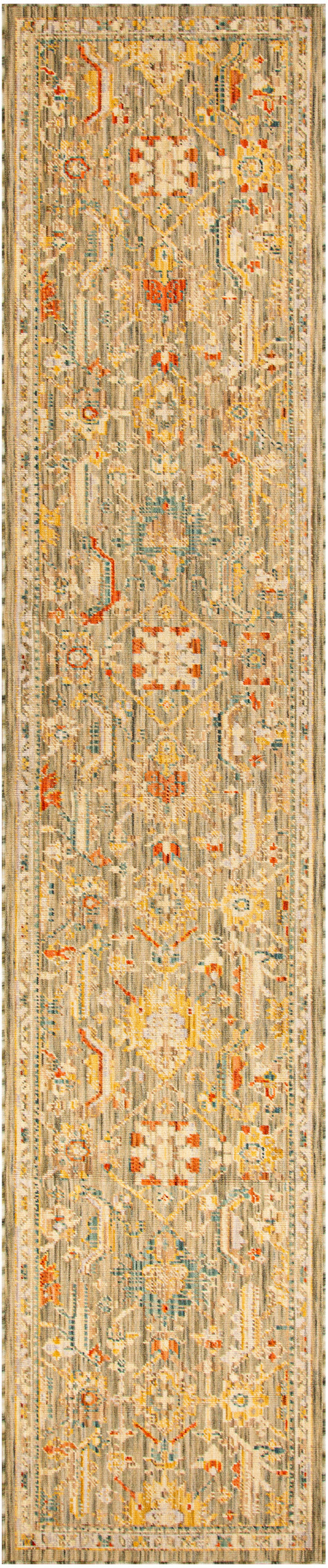Ornate oriental-style runner rug, beige ivory with orange, blue & red floral motifs and a golden trim.