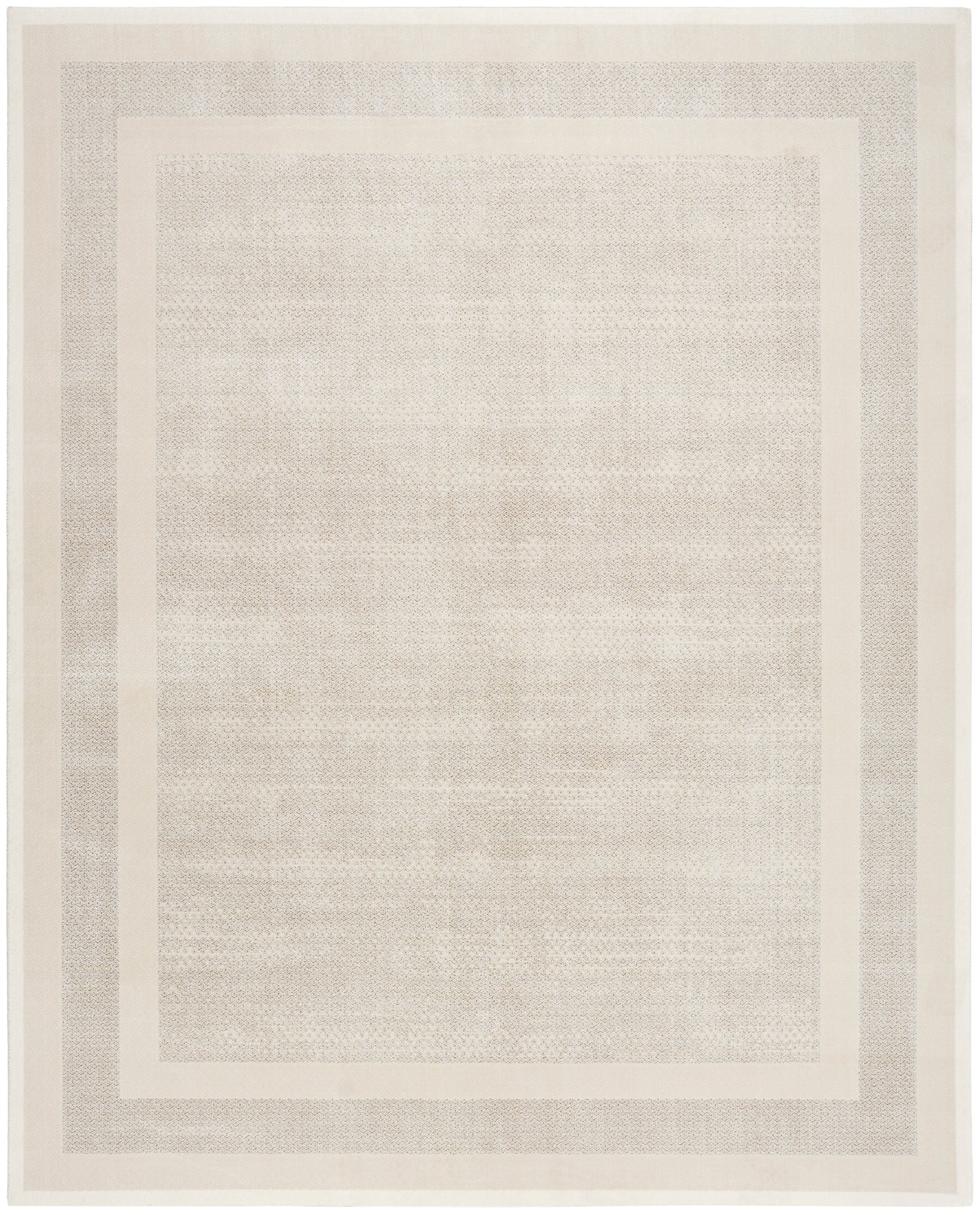 Beige rectangular rug with pale inner and outer borders and subtle woven texture.