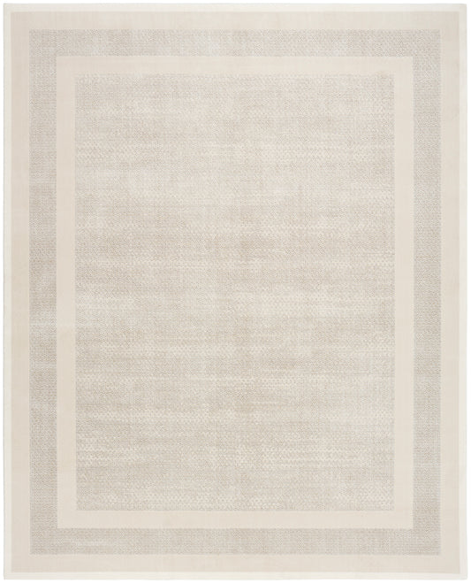Beige rectangular rug with pale inner and outer borders and subtle woven texture.
