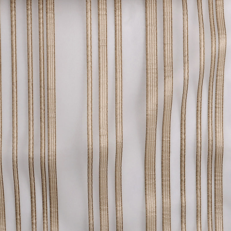 Cream drapery fabric with vertical beige stripes and a textured weave; ideal for curtains.