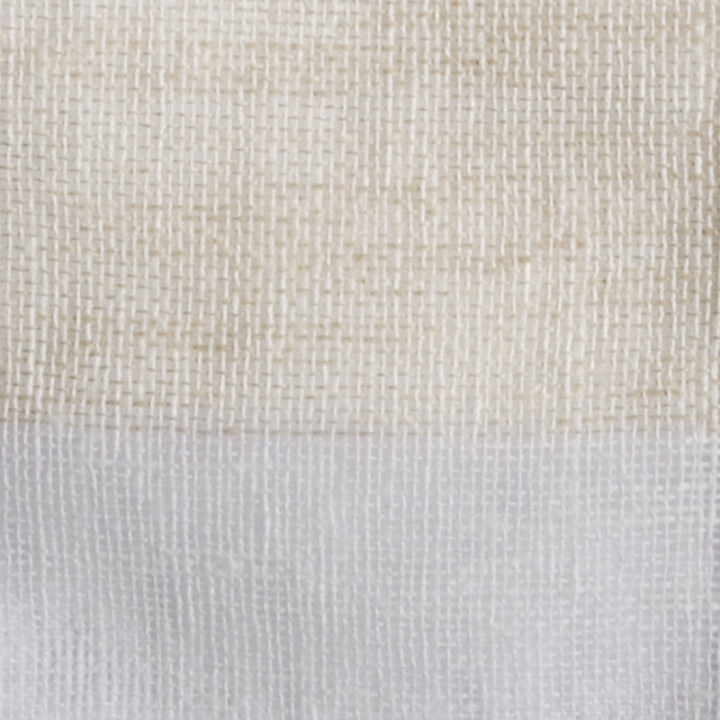 Two-tone woven linen drapery fabric swatch in beige, cream and light gray.