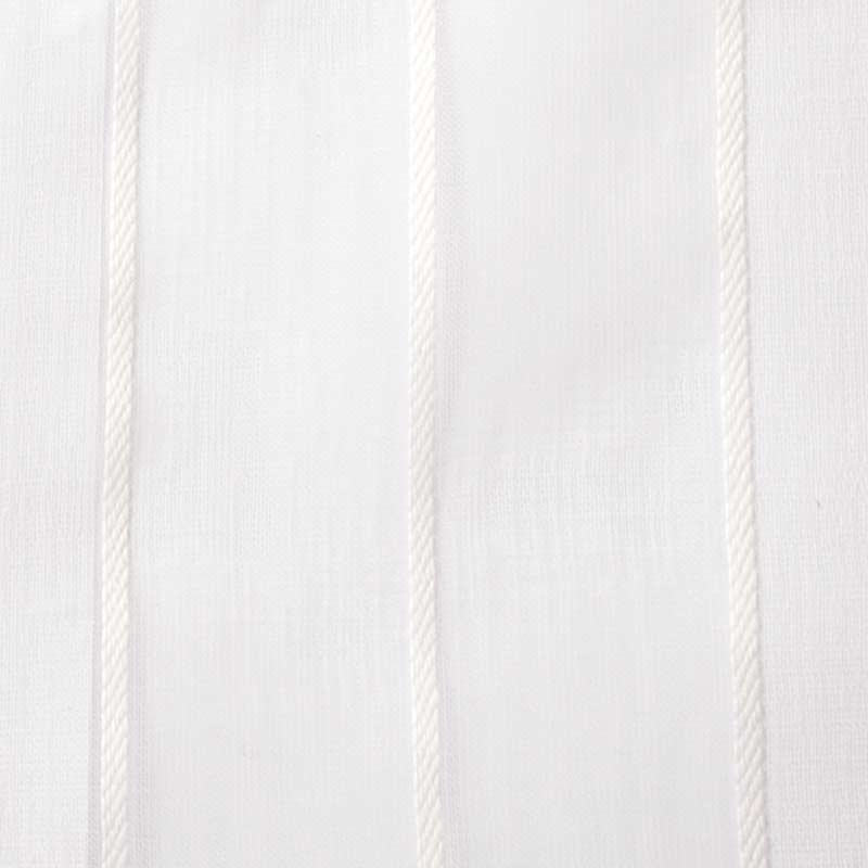 White fabric with narrow vertical cream stripes, woven texture, light and crisp for drapery.