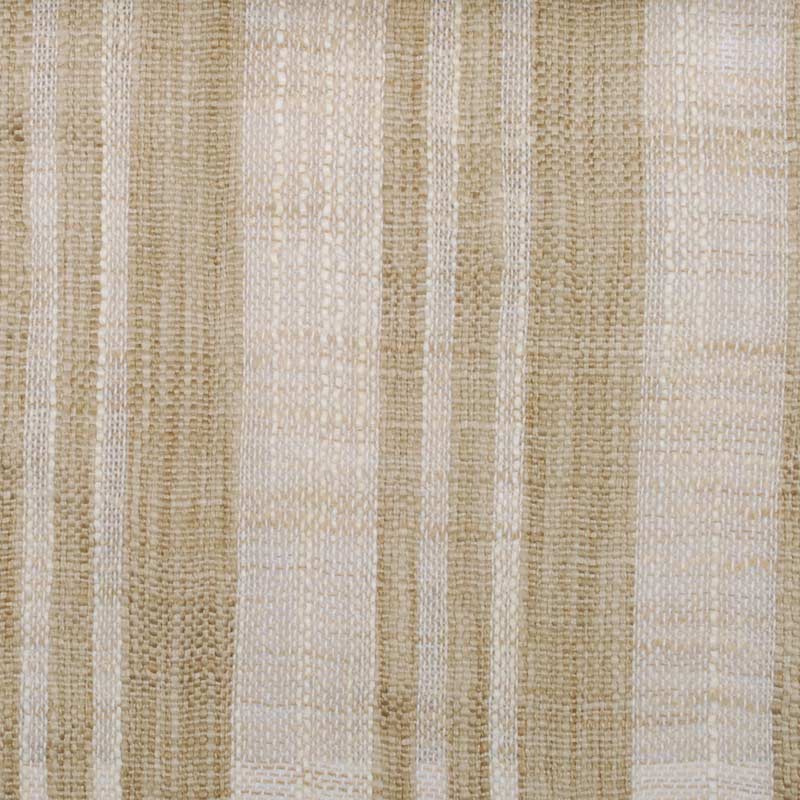 Beige and tan striped woven linen drapery fabric with vertical bands.