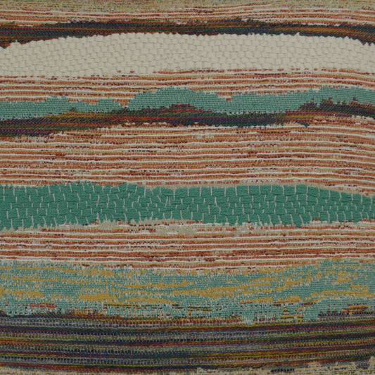 Close-up of a striped woven rug with teal, turquoise, orange, brown and cream bands; textured, boho textile.