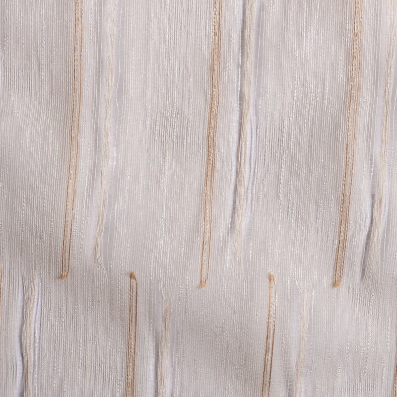 Cream textured fabric with narrow gold vertical stripes and woven texture for curtains or upholstery.