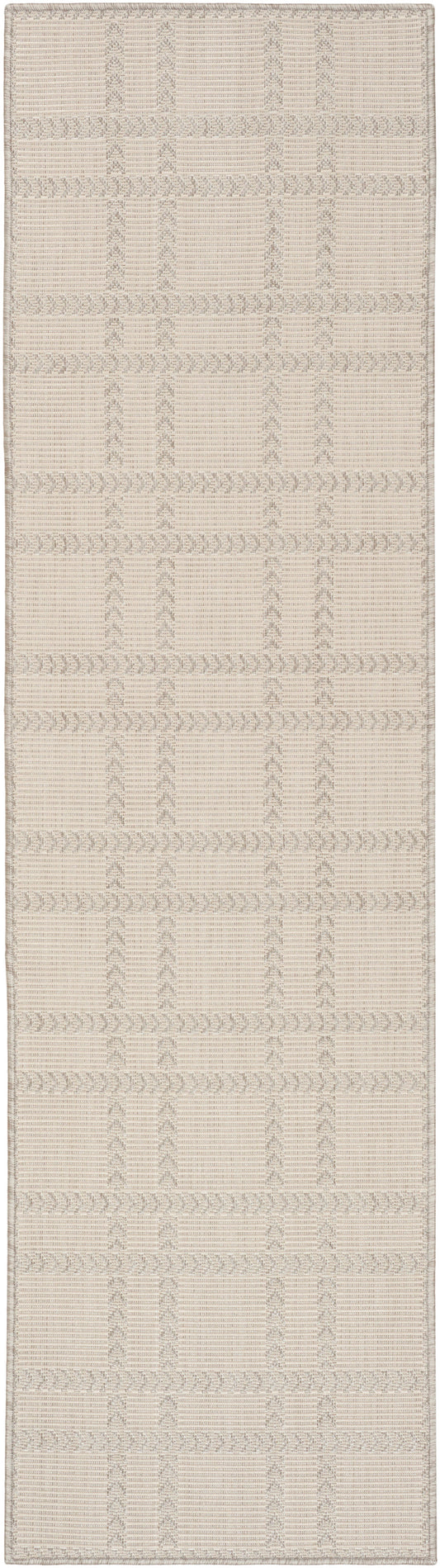 Beige woven runner rug with subtle geometric grid pattern; neutral taupe accents for contemporary decor.