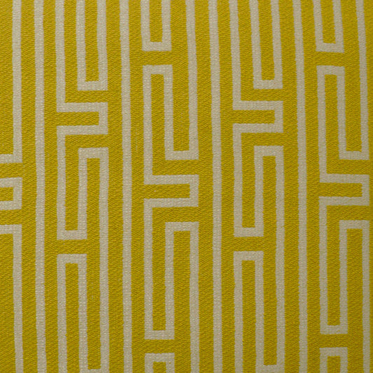 Yellow and white maze-patterned fabric with interlocking rectangular lines; modern geometric upholstery or home decor textile.