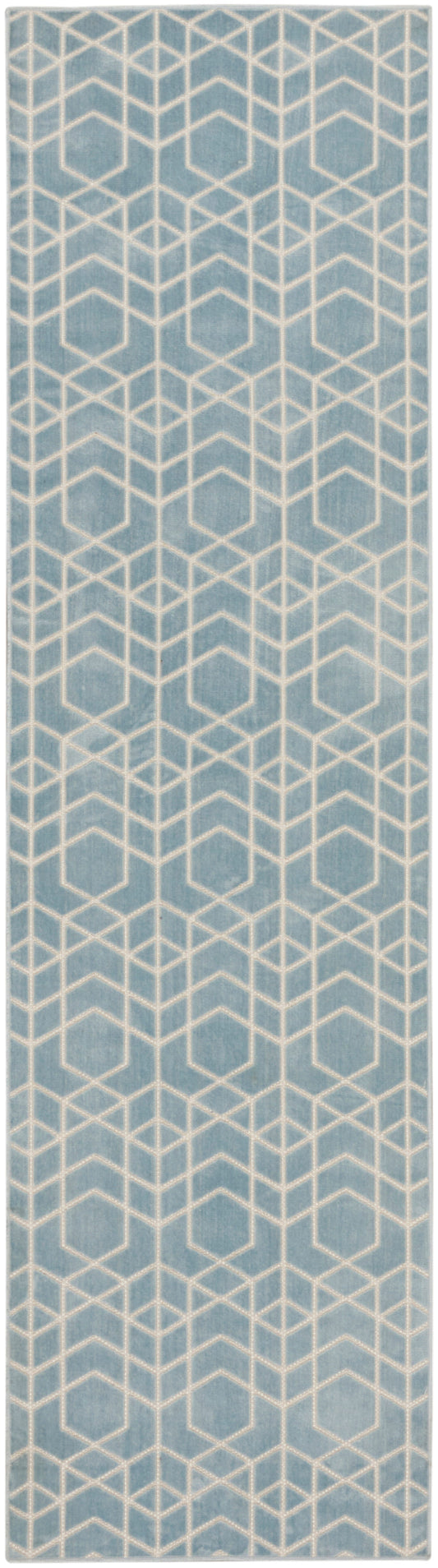 Blue-gray rug runner with a repeating beige geometric cube/hexagon lattice pattern.