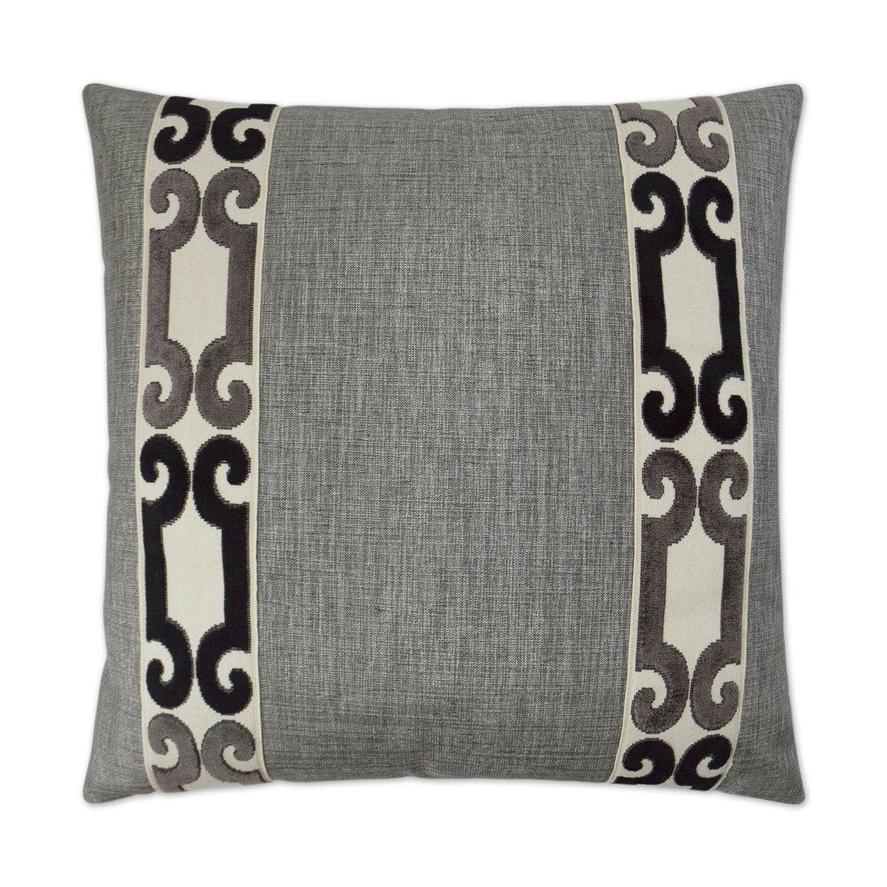Rectangular charcoal gray textured fabric pillow with vertical scroll-pattern borders on both sides.