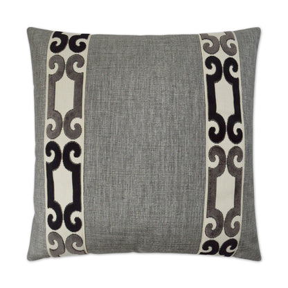 Rectangular charcoal gray textured fabric pillow with vertical scroll-pattern borders on both sides.