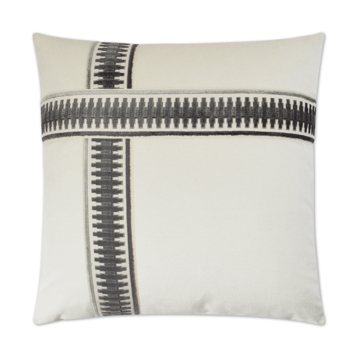 Grey square pillow with a band/ribbon detail.