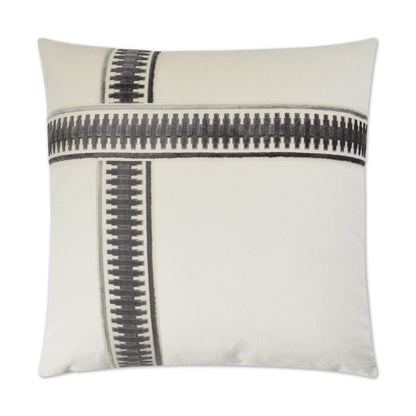 Grey square pillow with a band/ribbon detail.