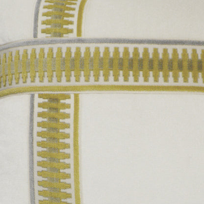 Close-up of yellow 24 x 24 inch decorative pillow fabric with band and ribbon trim and a textured weave.