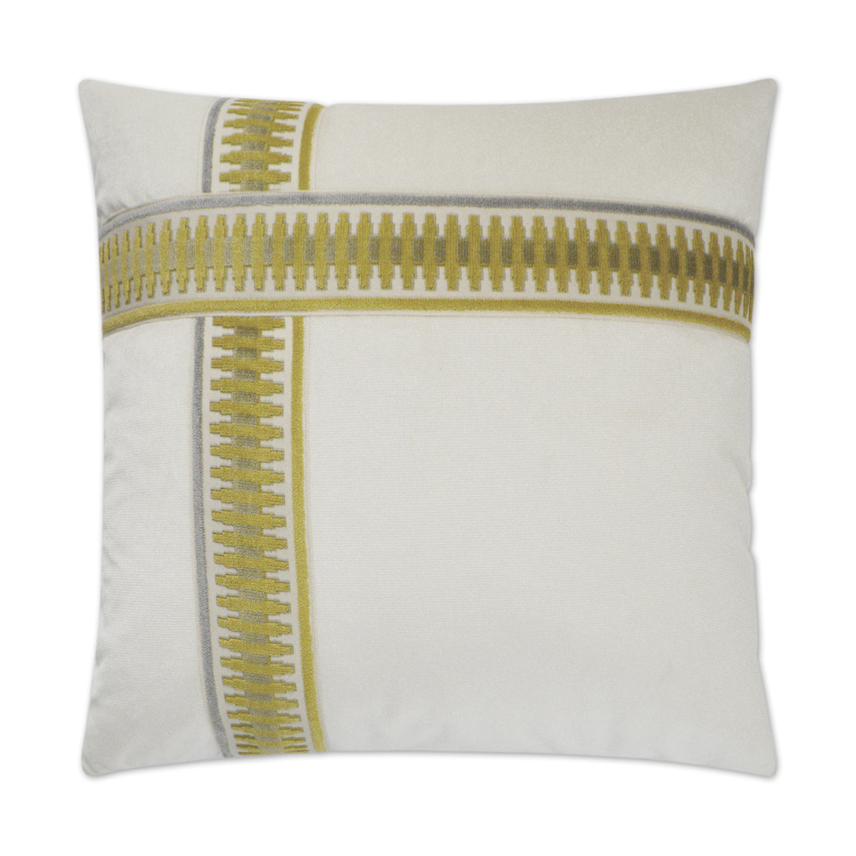Yellow square throw pillow with gold & gray zipper-like embroidery forming intersecting stripes.