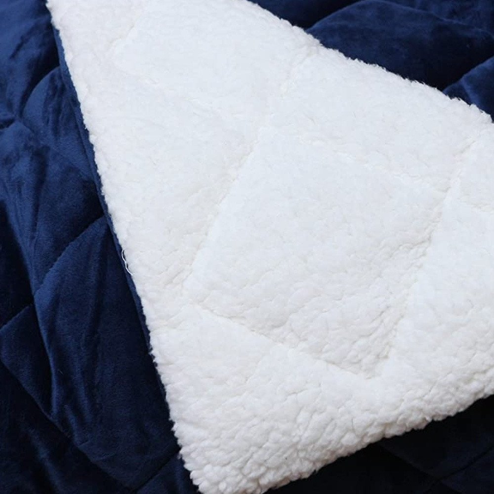 60" x 80" navy blue fleece and microfiber quilted plush throw blanket