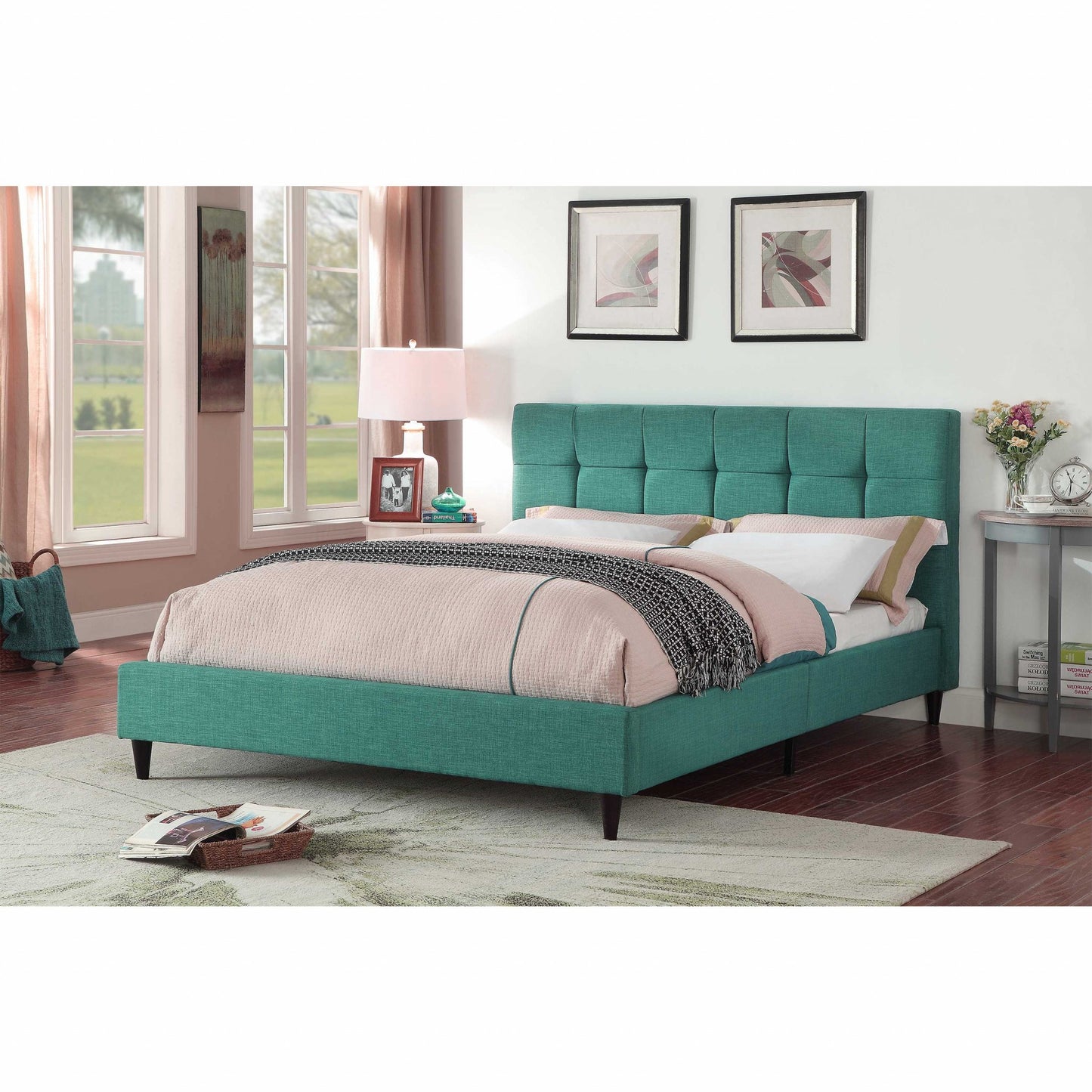 Solid Wood Queen Tufted Turquoise Upholstered Juteno Bed