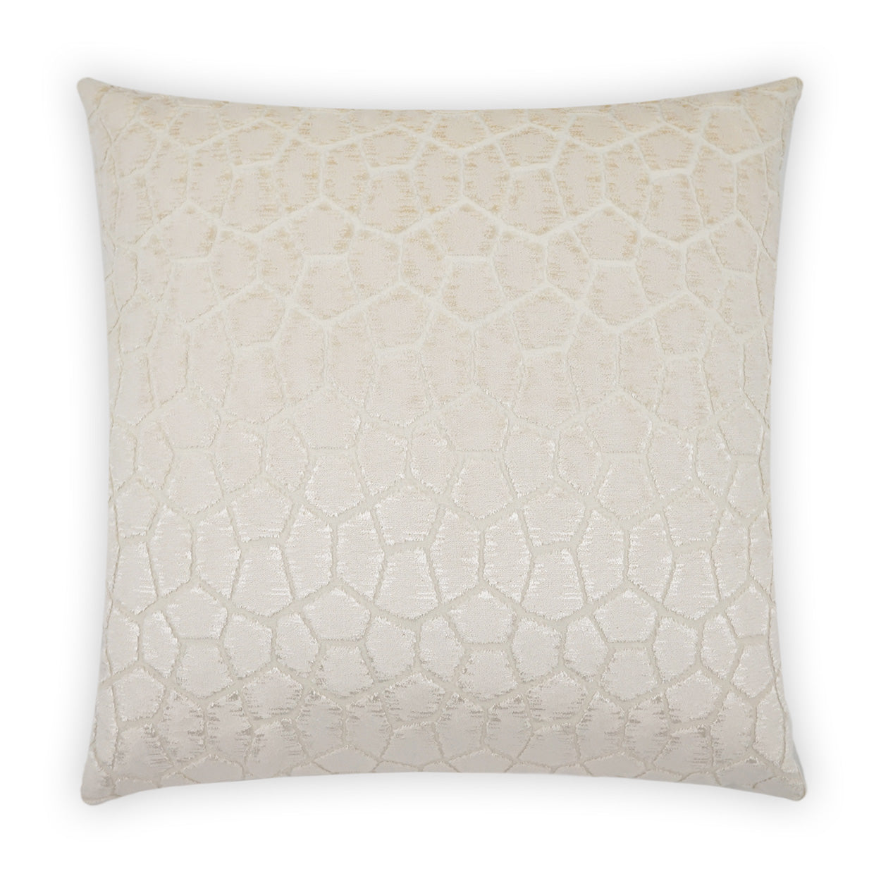 Cream square decorative throw pillow with embossed irregular polygon lattice pattern and subtle shimmer.