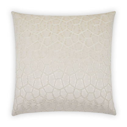Cream square decorative throw pillow with embossed irregular polygon lattice pattern and subtle shimmer.