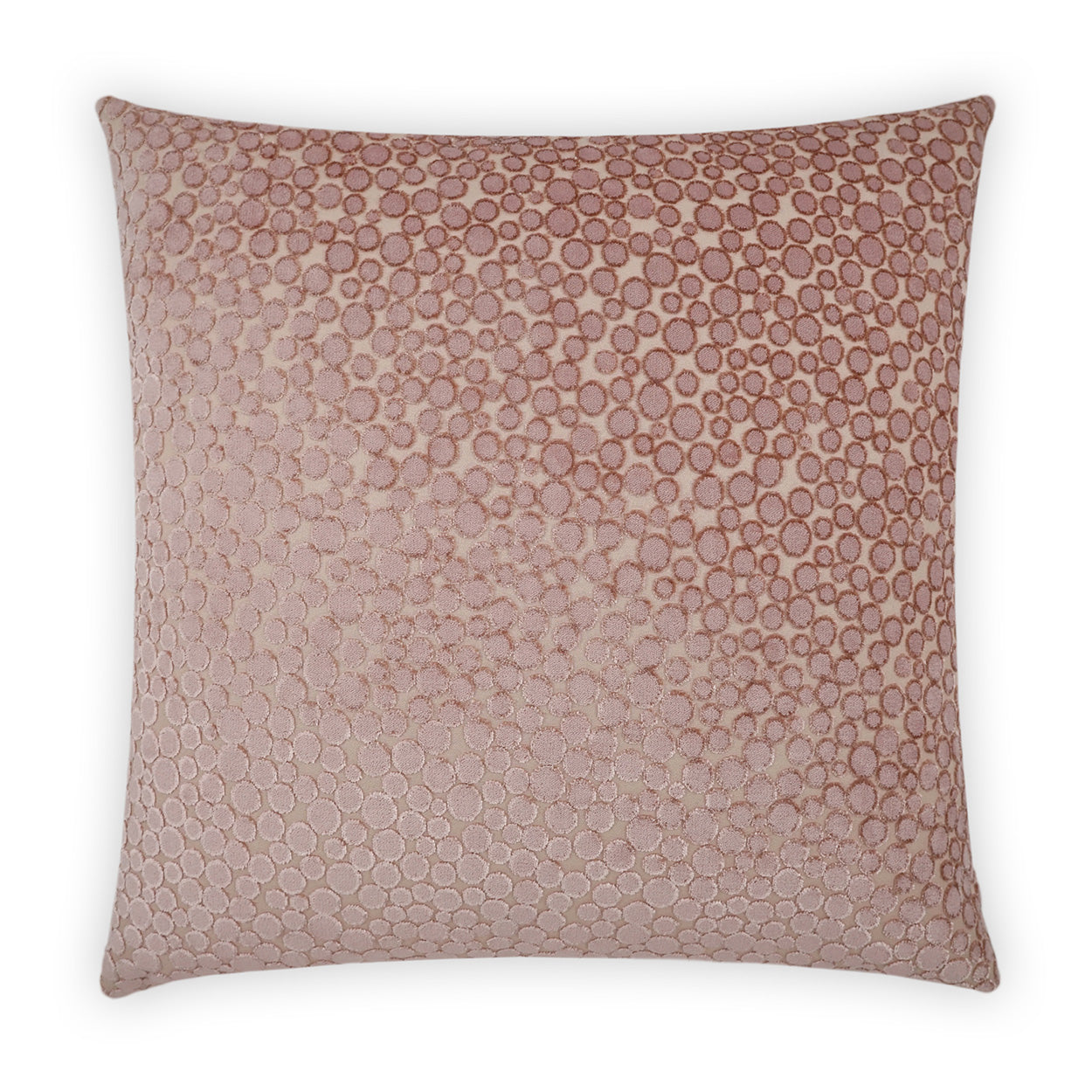 Square blush pink textured throw pillow with embossed circular dot pattern and subtle metallic sheen.