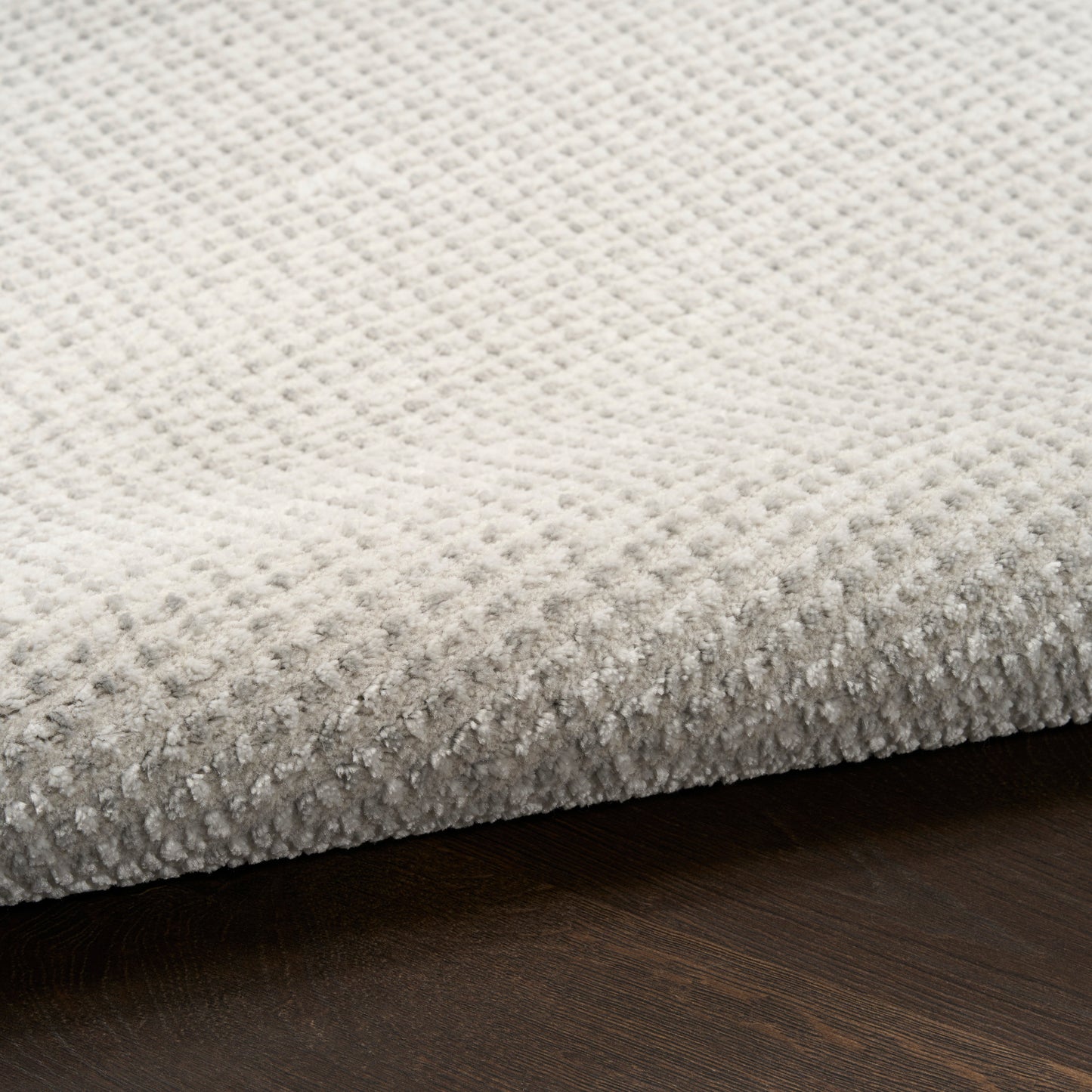 Light beige textured rug with a small looped pattern, resting on dark wood flooring.