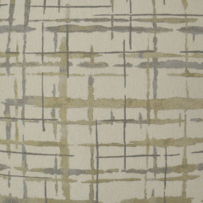 Pillow covered in beige woven fabric with a grid-like gray and olive pattern; textured upholstery weave, 24 x 24 inches.