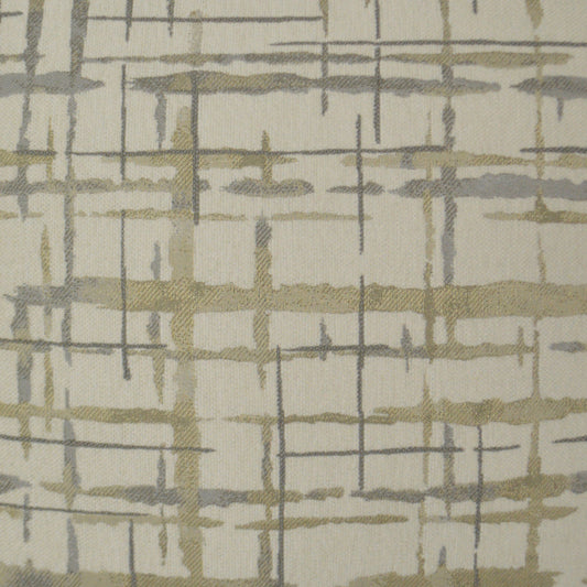 Beige woven fabric with abstract gray and khaki plaid grid pattern.