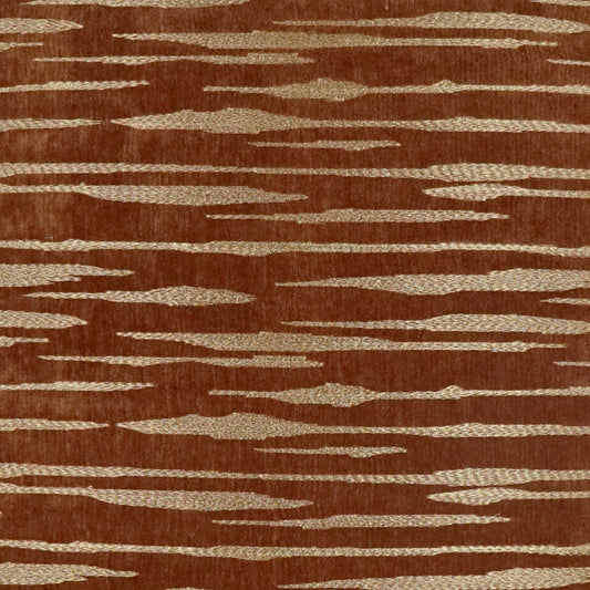 Rust brown textured woven fabric with irregular beige horizontal stripes; upholstery fabric for sofas and cushions.