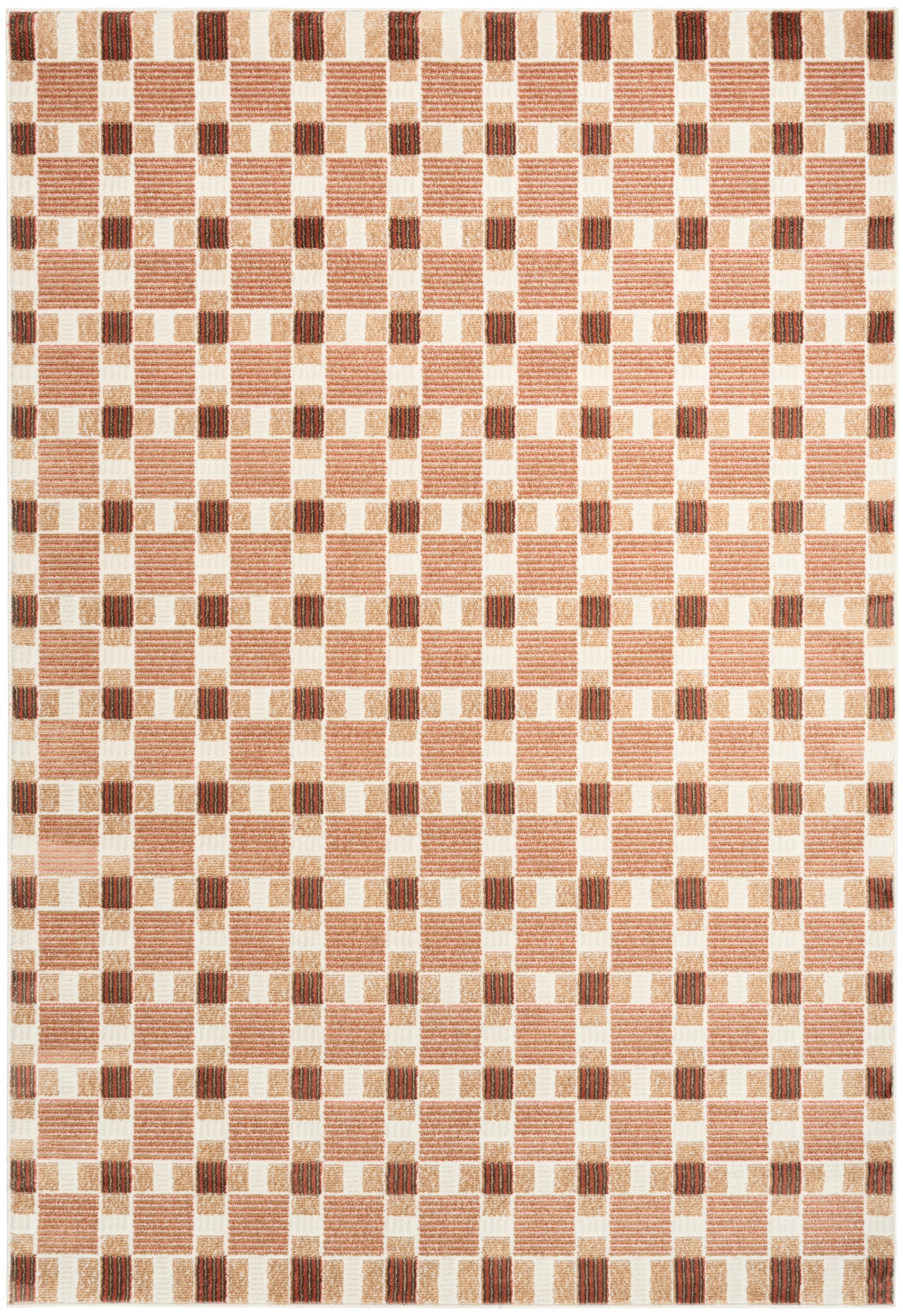 Rectangular woven rug with peach striped checkerboard pattern on beige backdrop and dark brown accents
