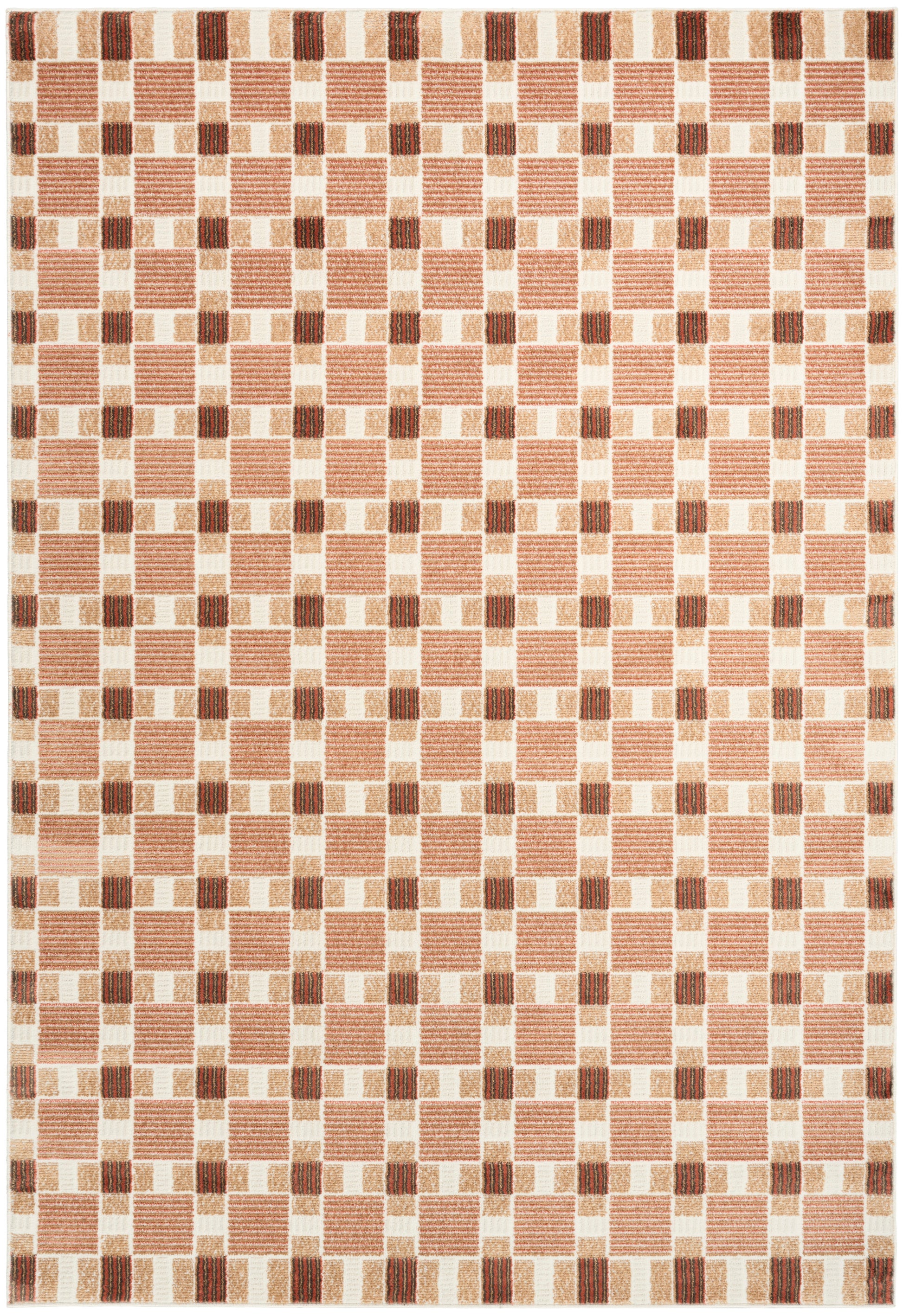 Rectangular woven rug with peach striped checkerboard pattern on beige backdrop and dark brown accents