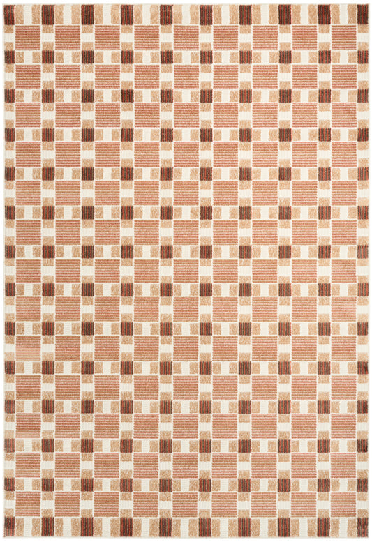 Rectangular woven rug with peach striped checkerboard pattern on beige backdrop and dark brown accents
