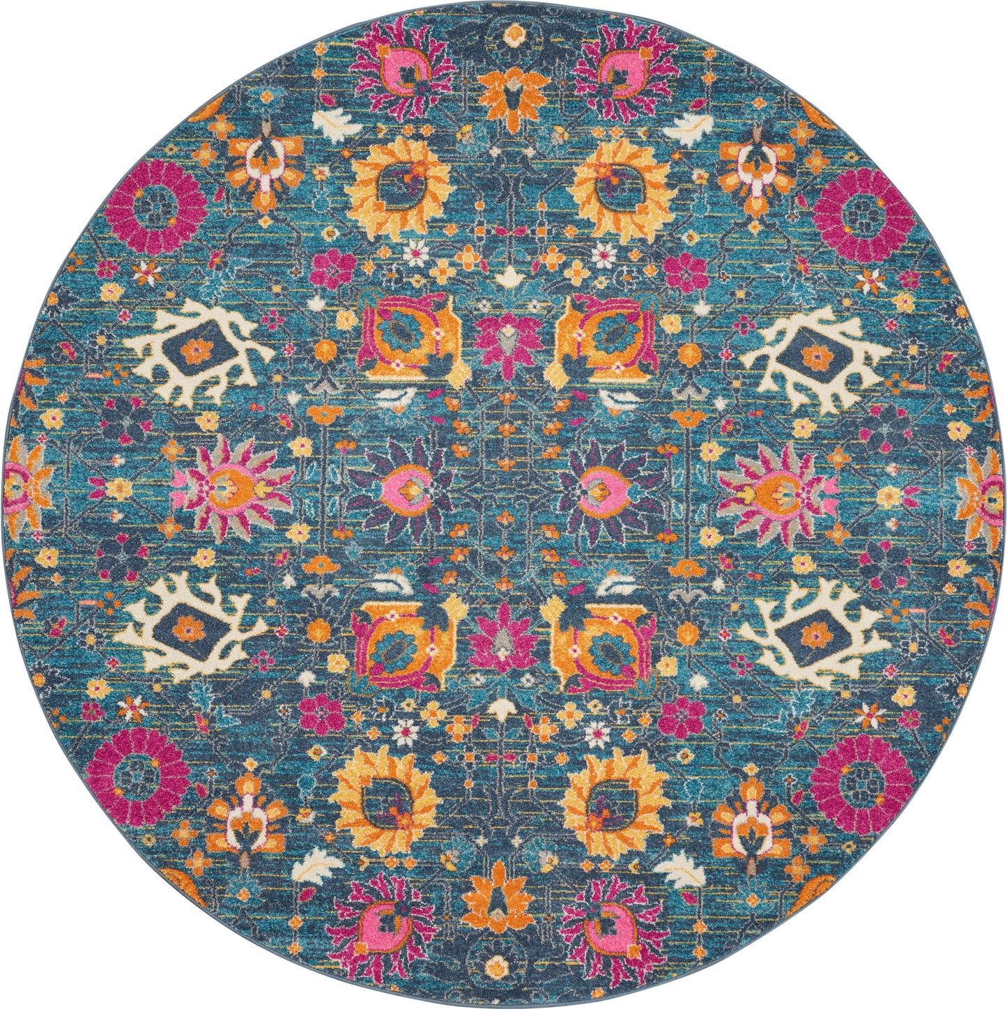 Round teal rug with vibrant multicolor floral pattern; orange, pink & yellow flowers with white accents.