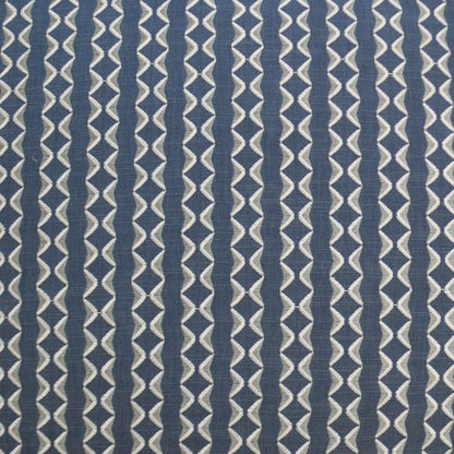 Navy blue notch pillow, 24" x 24", with white geometric diamond motifs in vertical stripes; woven textile.