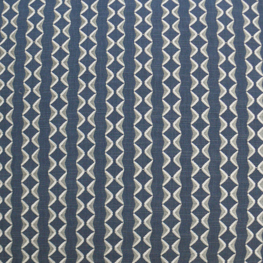 Blue fabric with navy vertical stripes and white chevron zigzags; geometric textile pattern for upholstery.