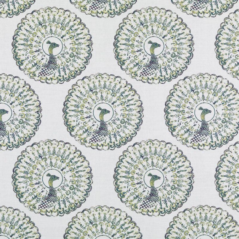 White fabric with repeating cactus print in green and blue, ornamental pattern.