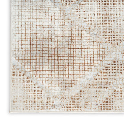 Beige brown abstract grid-pattern runner rug with pale circular accents; modern low-pile decor.