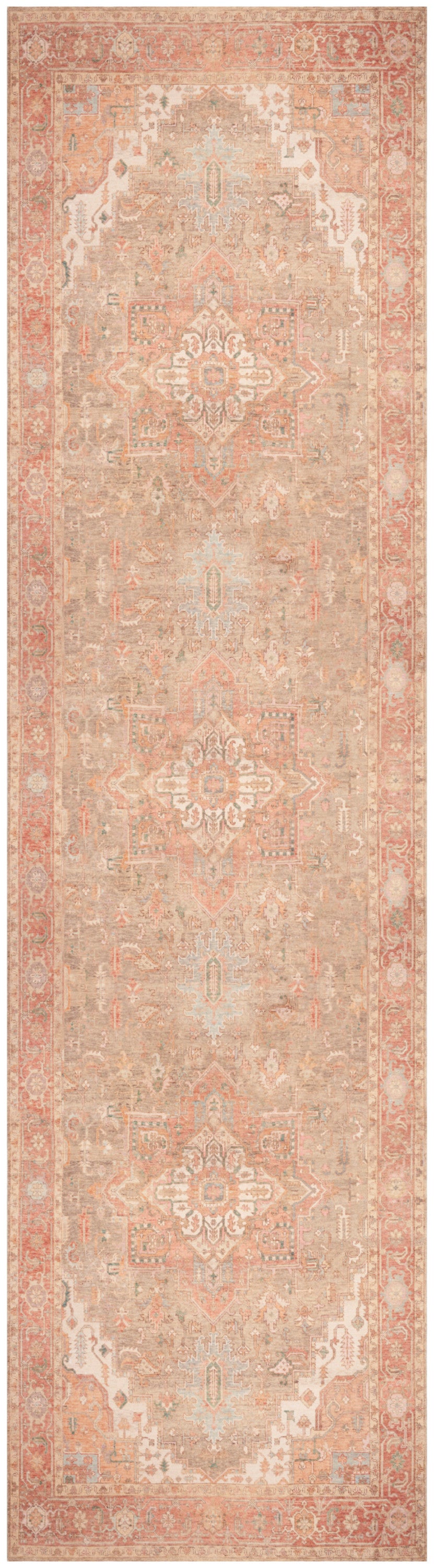 Pastel peach Persian-style runner rug with ivory medallions and intricate border motifs.