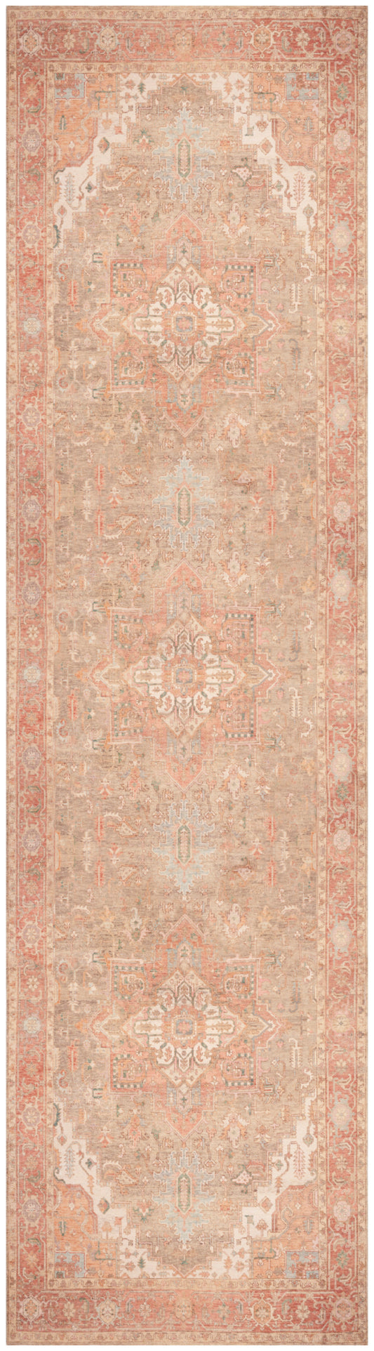 Pastel peach Persian-style runner rug with ivory medallions and intricate border motifs.