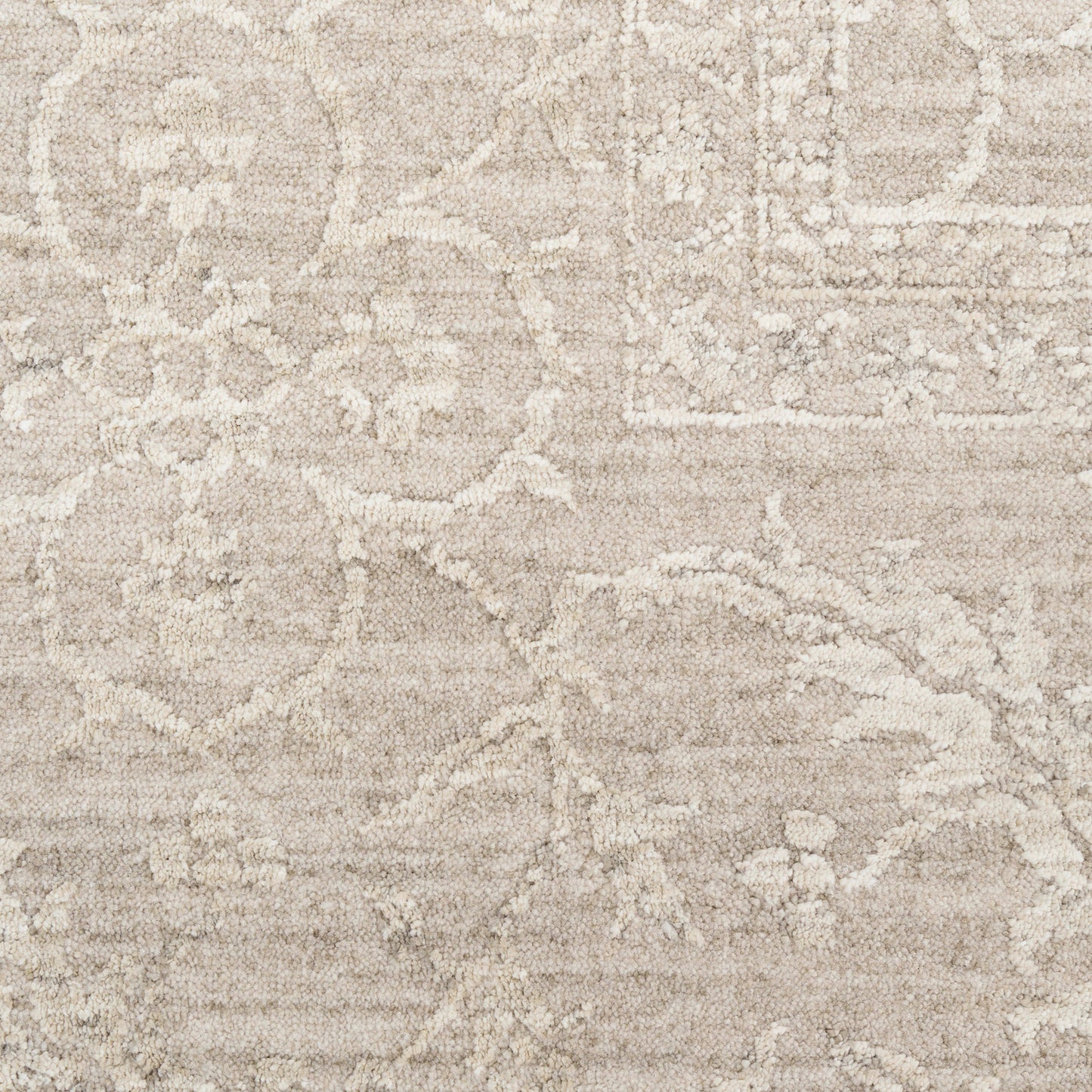 Beige plush area rug with ivory damask pattern, traditional oriental style, soft textured pile.