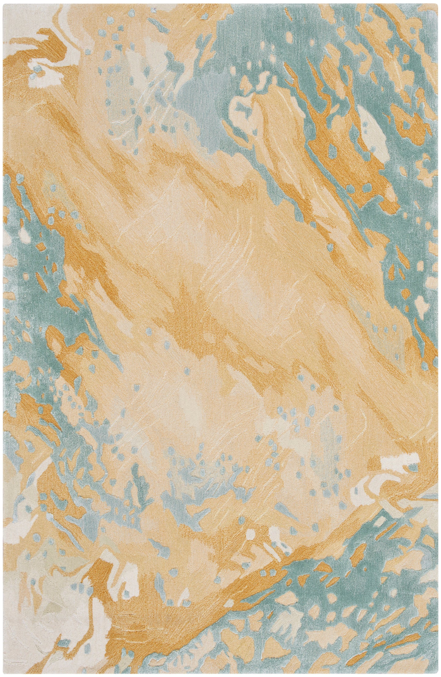 Rectangular abstract rug in peach, pale blue, and cream; modern textile for living spaces.