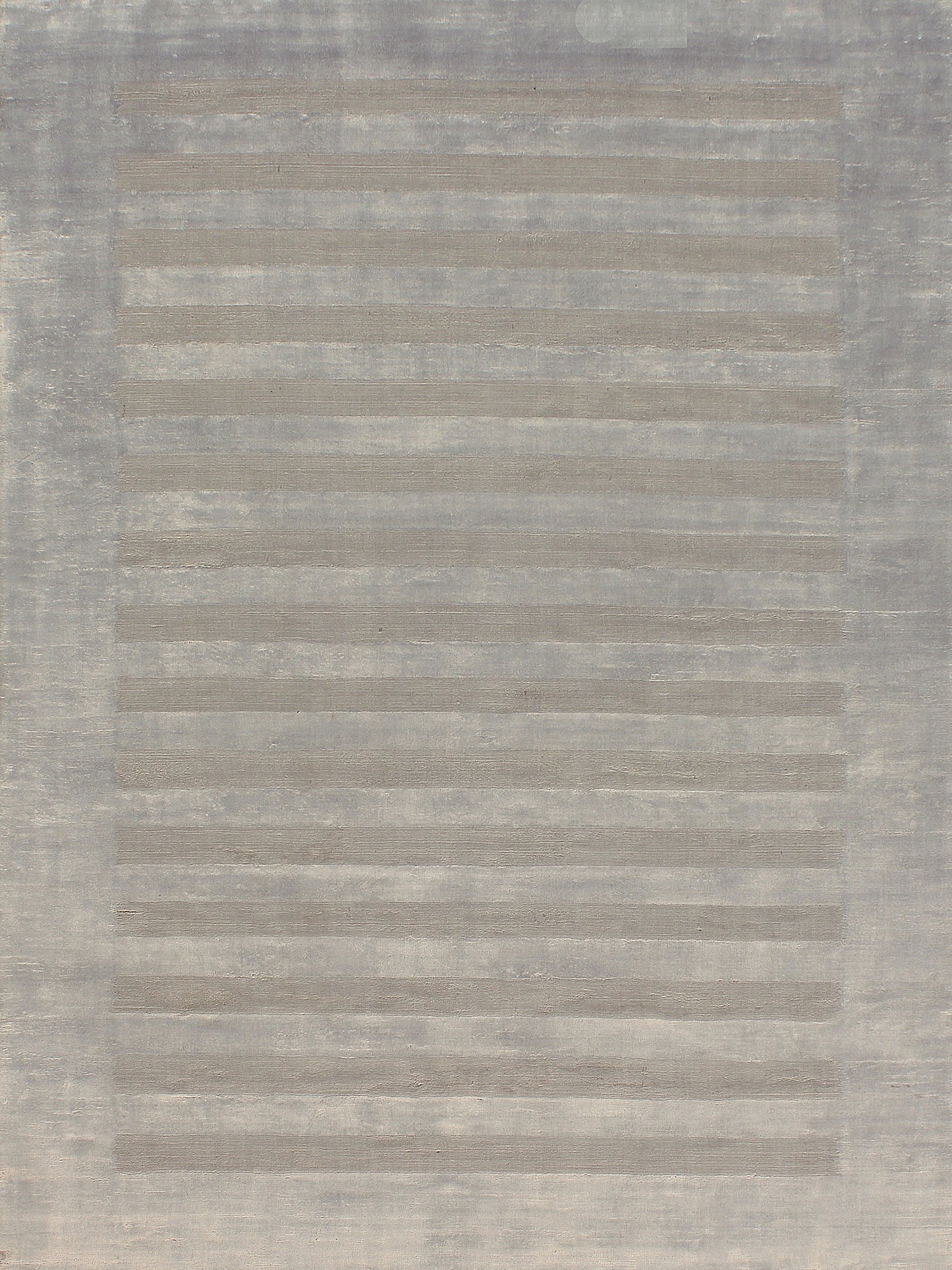 Gray area rug with evenly spaced beige-brown horizontal stripes and a wide outer border.
