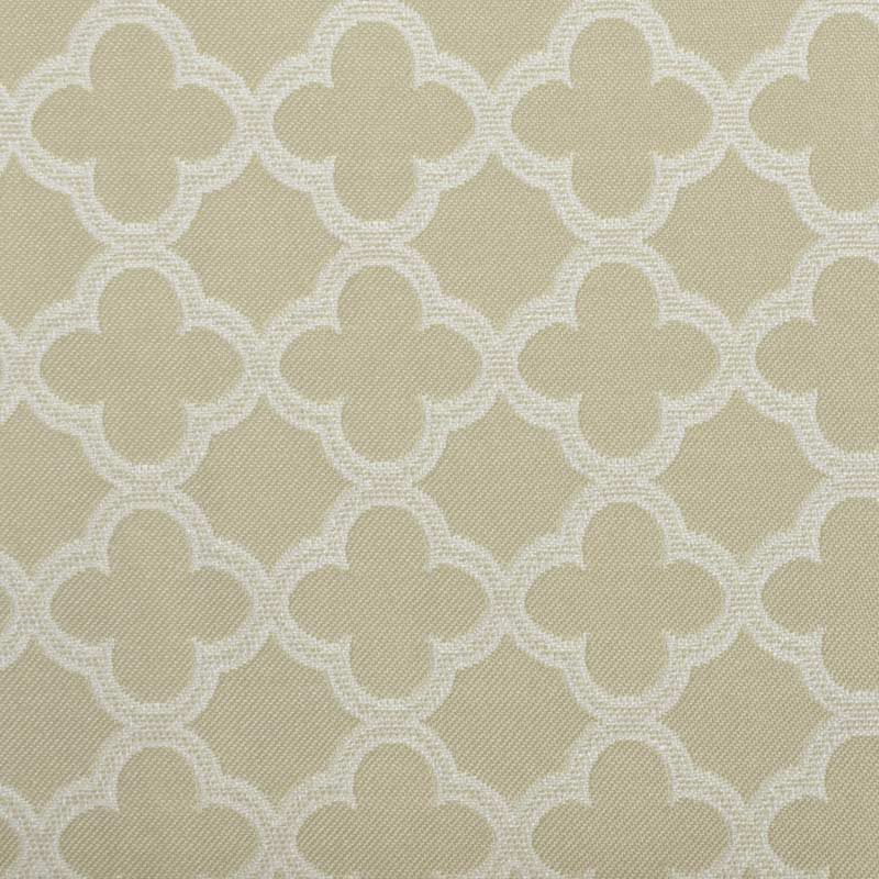Beige woven fabric with a white quatrefoil lattice pattern; elegant upholstery/drapery texture.