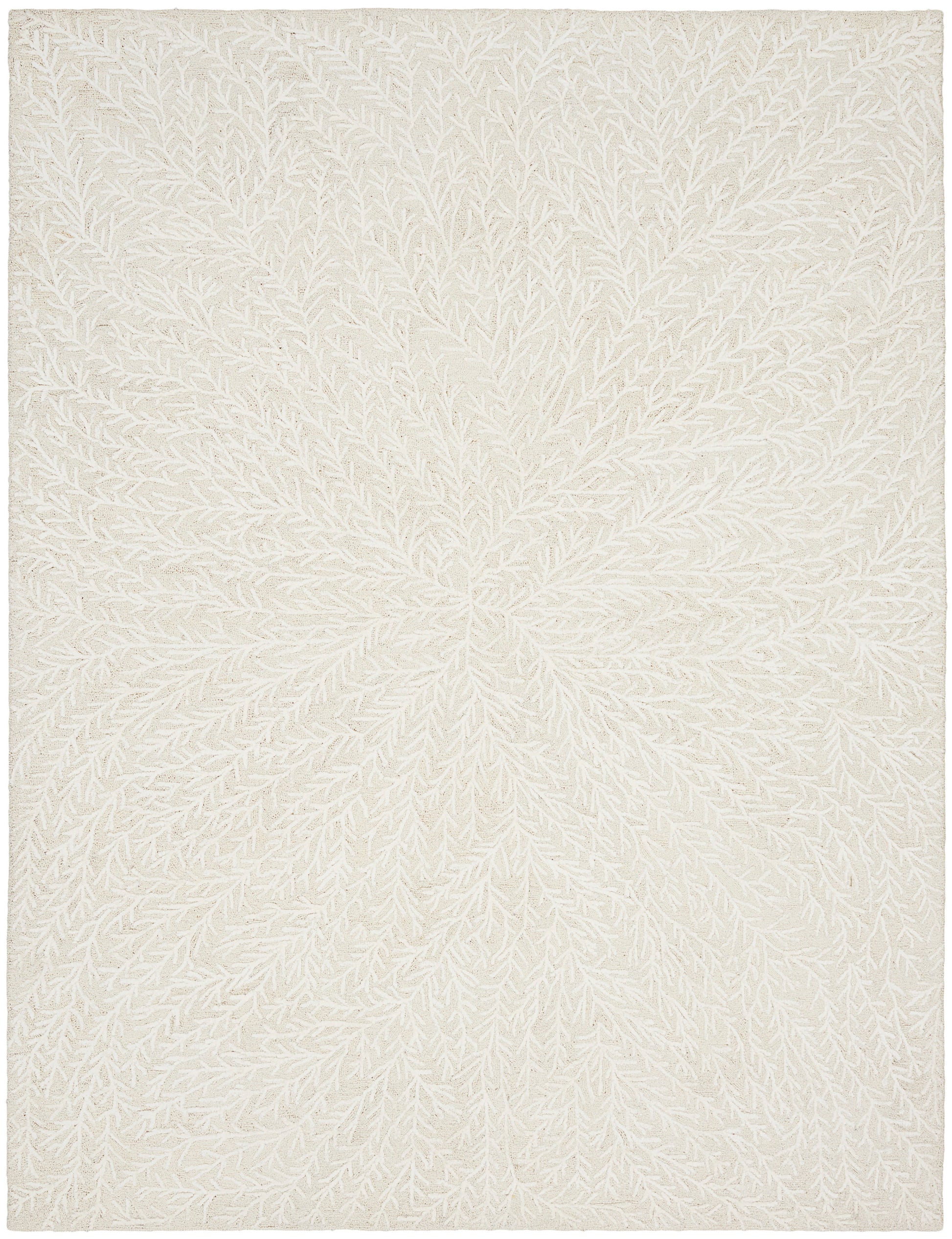 Cream ivory area rug with a raised, branching leaf pattern radiating from the center; soft, textured, contemporary decor.